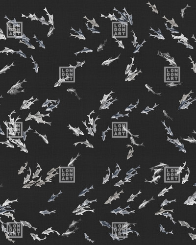 Tapet cu design oriental, cu pești pe fundal negru