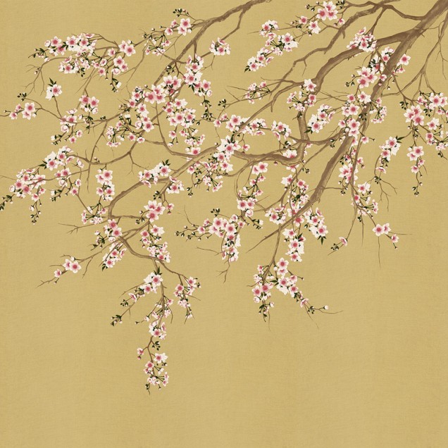 Imagine cu un wallpaper ce prezintă un copac cu flori de cires, inspirat din cultura japoneză.