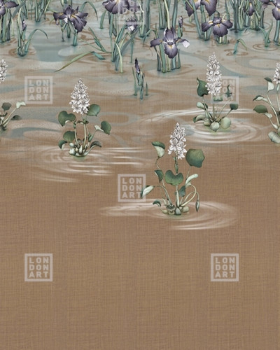 Tapet modern cu design japonez, cu un fundal de caramel elegant și flori delicate în tonuri de alb și verde.