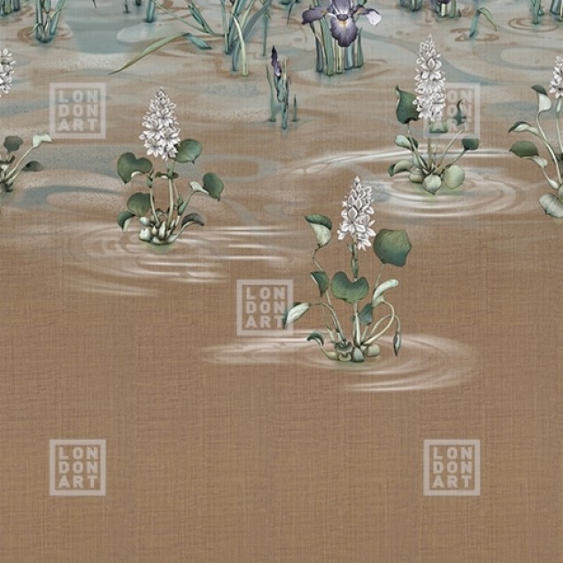 Tapet modern cu design japonez, cu un fundal de caramel elegant și flori delicate în tonuri de alb și verde.