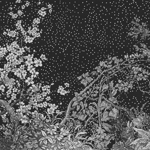Tapet cu motive florale delicate și un fundal negru elegant,  inspirat din arta japoneză.