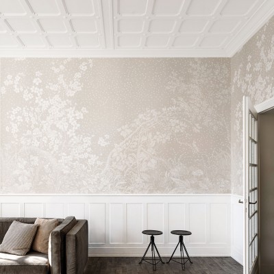 Tapet cu design floral delicat pe un fundal bej deschis