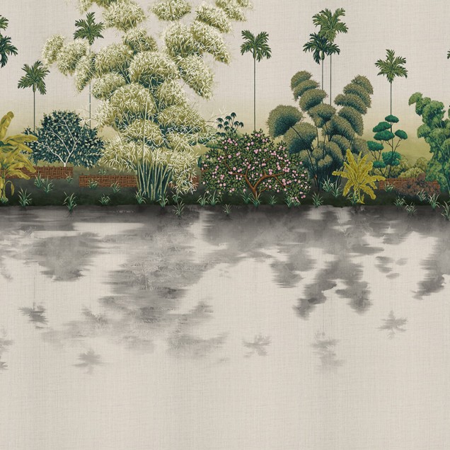Tapet cu design unic, inspirat de arta japoneză, cu motive florale delicate și palmieri înalți.