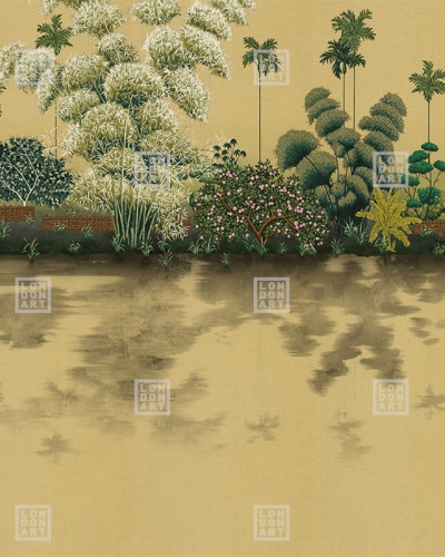 Tapet cu design japonez traditional, reprezentand o gradina luxurianta cu arbori si flori delicate, in nuante de aur.