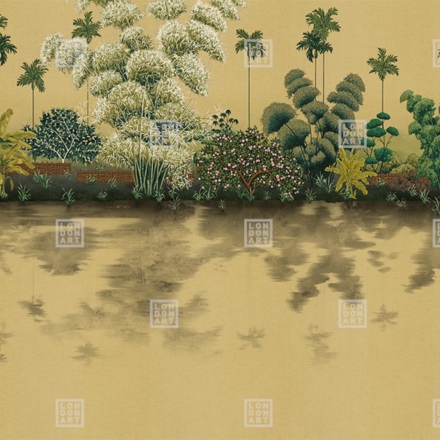Tapet cu design japonez traditional, reprezentand o gradina luxurianta cu arbori si flori delicate, in nuante de aur.