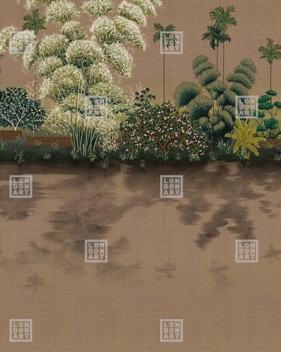 Tapet cu design japonez, inspirat de grădinile japoneze, cu palmieri și flori delicate, în nuanțe de caramel.