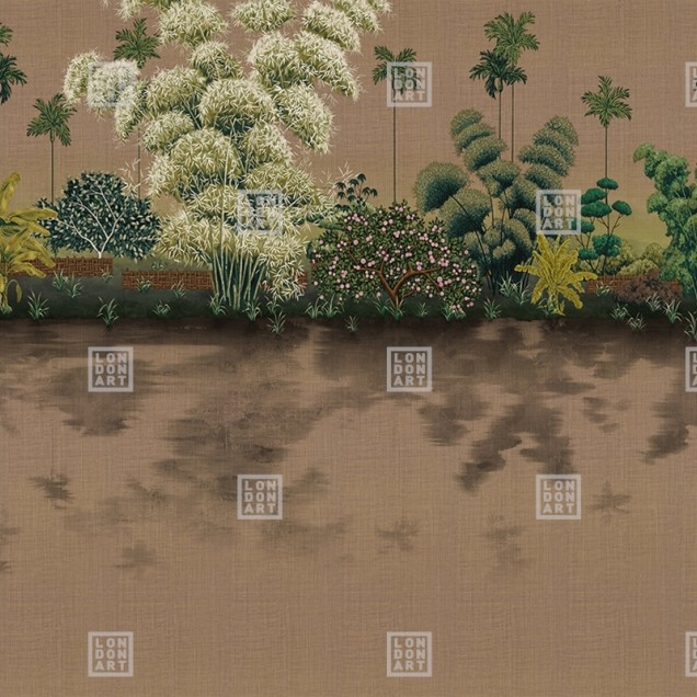 Tapet cu design japonez, inspirat de grădinile japoneze, cu palmieri și flori delicate, în nuanțe de caramel.
