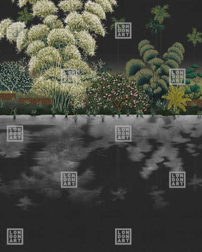 Tapet cu design exotic, inspirat din arta japoneză a kimono-ului. Imaginile delicate ale florilor și frunzelor, pe fundalul negru elegant, creează un efect vizual captivant.