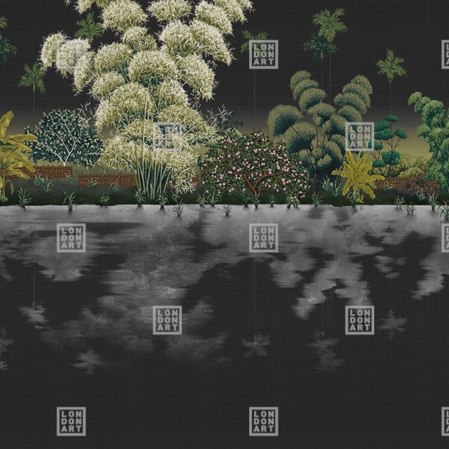 Tapet cu design exotic, inspirat din arta japoneză a kimono-ului. Imaginile delicate ale florilor și frunzelor, pe fundalul negru elegant, creează un efect vizual captivant.