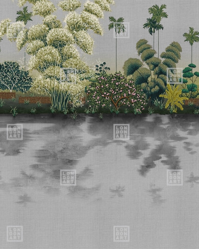 Tapet cu design japonez tradițional, inspirat de arta kimono, cu o grădină luxuriantă cu copaci și plante exotice.