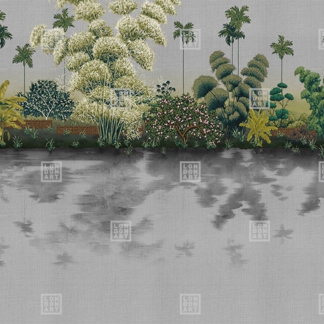 Tapet cu design japonez tradițional, inspirat de arta kimono, cu o grădină luxuriantă cu copaci și plante exotice.