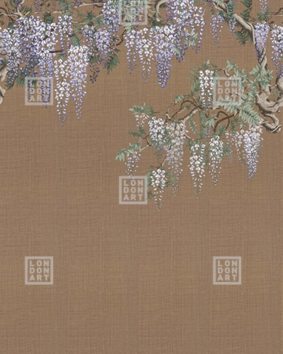 Tapet floral cu glicină, inspirat de designul japonez, pe un fundal caramel
