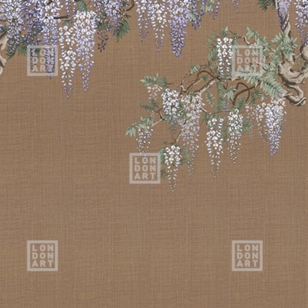 Tapet floral cu glicină, inspirat de designul japonez, pe un fundal caramel