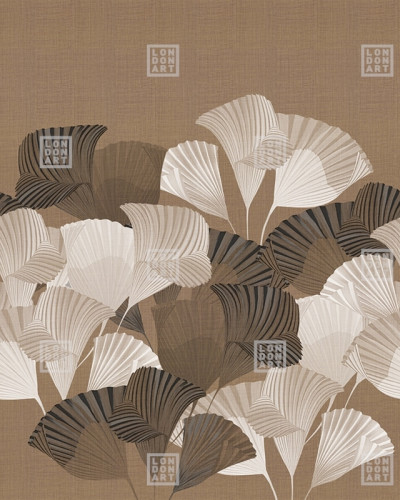 Tapetul Kimono Tale Books / Komon (caramel) cu un model minimalist si elegant, cu frunze stilizate,  pe un fundal bej,  pentru a crea o atmosfera relaxanta.