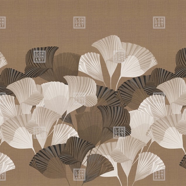 Tapetul Kimono Tale Books / Komon (caramel) cu un model minimalist si elegant, cu frunze stilizate,  pe un fundal bej,  pentru a crea o atmosfera relaxanta.