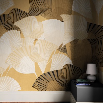 Wallpaper cu frunze de ginkgo stilizate, auriu, design elegant