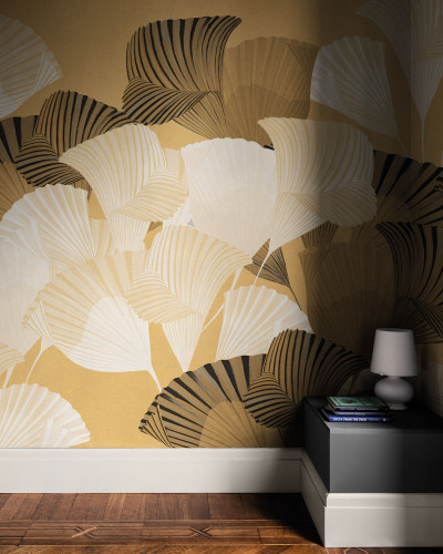Wallpaper cu frunze de ginkgo stilizate, auriu, design elegant