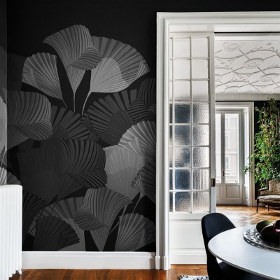 Tapet cu design minimalist, în tonuri de gri, cu motive vegetale