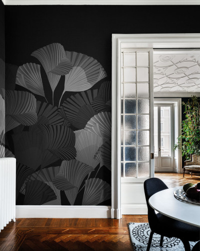 Tapet cu design minimalist, în tonuri de gri, cu motive vegetale