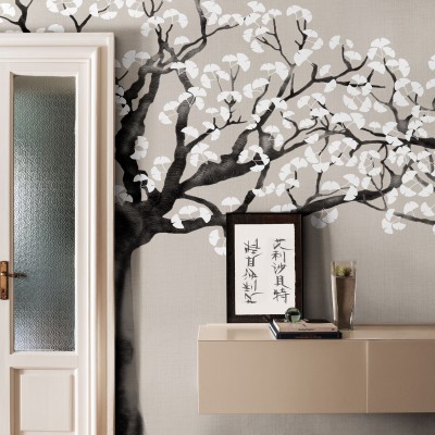Tapet minimalist cu un copac cu frunze albe delicate pe un fundal gri-bej