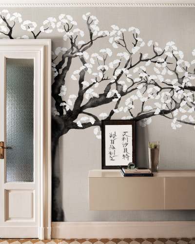 Tapet minimalist cu un copac cu frunze albe delicate pe un fundal gri-bej