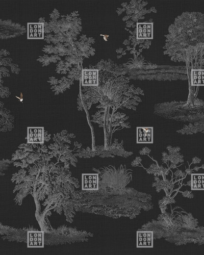 Tapet cu design minimalist, de inspirație asiatică, cu arbore și păsări, pe un fundal negru.