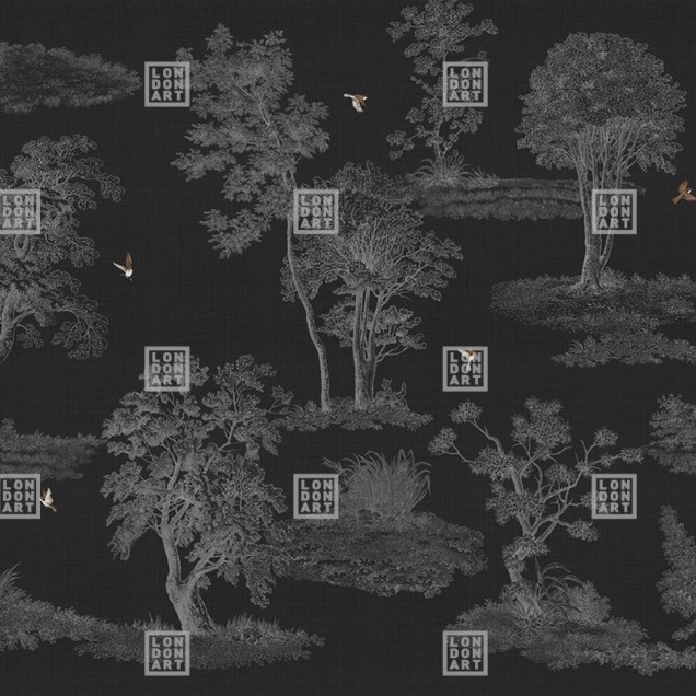 Tapet cu design minimalist, de inspirație asiatică, cu arbore și păsări, pe un fundal negru.