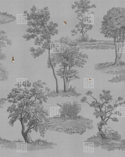 Wallpaper cu design minimalist si elegant, cu un model delicat de copaci si pasari in culori gri, argintiu si alb.