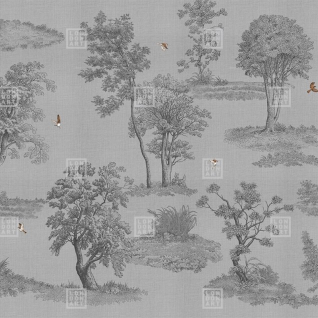 Wallpaper cu design minimalist si elegant, cu un model delicat de copaci si pasari in culori gri, argintiu si alb.