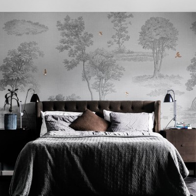 Wallpaper cu design minimalist si elegant, cu un model delicat de copaci si pasari in culori gri, argintiu si alb.