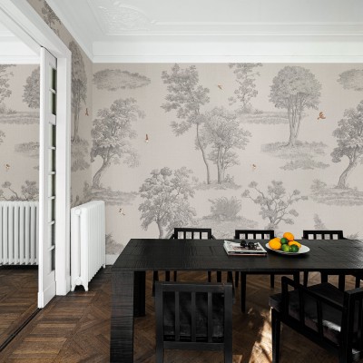 Tapet cu design minimalist, cu arbori si pasari, in nuante de gri pe fond alb.