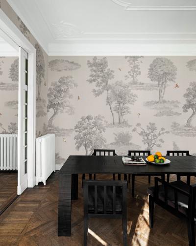 Tapet cu design minimalist, cu arbori si pasari, in nuante de gri pe fond alb.