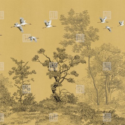 Wallpaper cu macarale grațioase și copaci delicati pe un fundal auriu elegant. Design inspirat de arta japoneză.