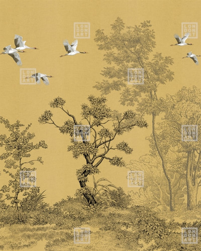 Wallpaper cu macarale grațioase și copaci delicati pe un fundal auriu elegant. Design inspirat de arta japoneză.