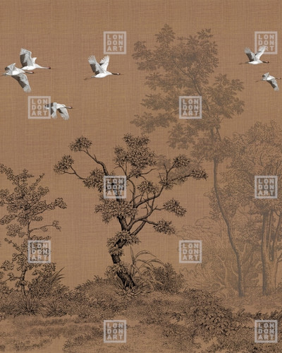 Tapet cu design japonez Kimono Tale Books / Obi (caramel), cu păsări și copaci în culori calde de caramel.