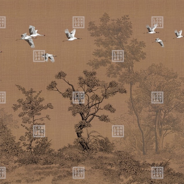 Tapet cu design japonez Kimono Tale Books / Obi (caramel), cu păsări și copaci în culori calde de caramel.