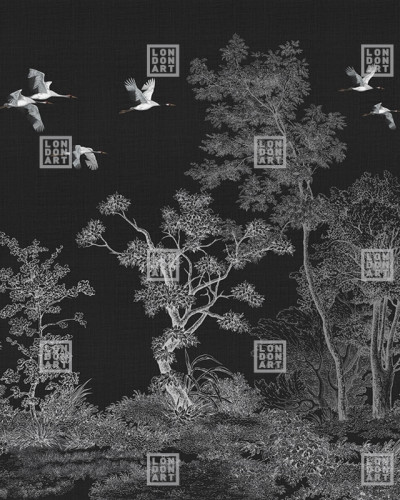 Tapet Kimono Tale Books / Obi (negru), cu design minimalist, în tonuri de gri, ilustrează o pădure cu copaci subțiri și păsări care zboară.