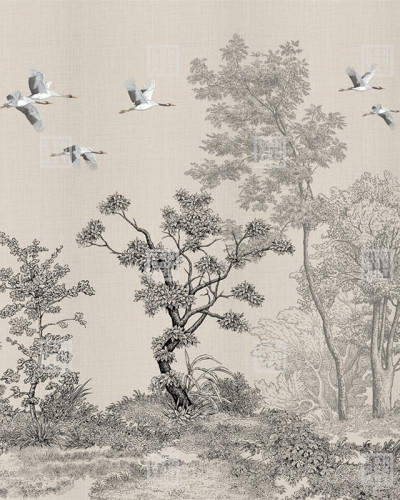 Wallpaper cu design japonez, cu macarale în zbor, copaci și flori delicate pe un fundal gri.