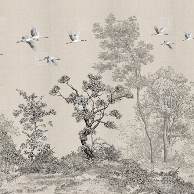 Wallpaper cu design japonez, cu macarale în zbor, copaci și flori delicate pe un fundal gri.