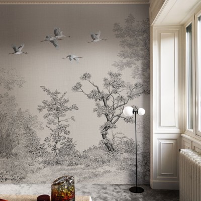 Wallpaper cu design japonez, cu macarale în zbor, copaci și flori delicate pe un fundal gri.