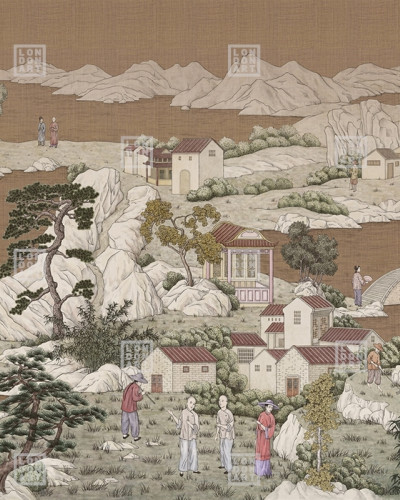 Tapet cu design oriental, inspirat din cultura japoneza, cu un peisaj relaxant cu munti, un rau si sate linistite. Nuantele calde de caramel vor crea o atmosfera calda si primitoare in orice incapere.