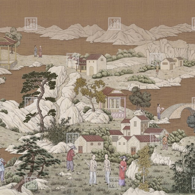 Tapet cu design oriental, inspirat din cultura japoneza, cu un peisaj relaxant cu munti, un rau si sate linistite. Nuantele calde de caramel vor crea o atmosfera calda si primitoare in orice incapere.