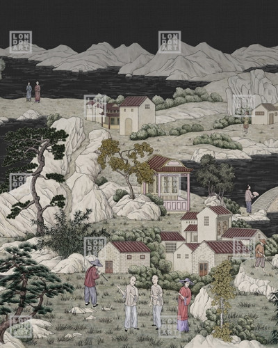 Tapet cu design japonez, Kimono Tale Books / Okobo (negru). Peisaj artistic cu munți, copaci, punte tradițională și clădiri în stil kimono. Culori vibrante și detalii pictate manual. Fundal negru elegant.