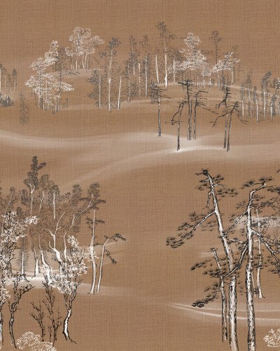 Tapet cu design japonez traditional, Kimono Tale Books / Samue (caramel), cu copaci înfloriți și păsări delicate, perfect pentru a crea o atmosferă relaxantă și elegantă.