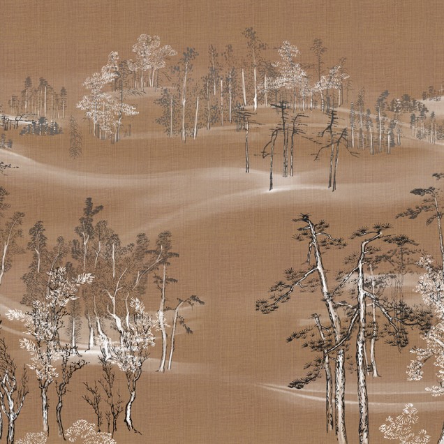 Tapet cu design japonez traditional, Kimono Tale Books / Samue (caramel), cu copaci înfloriți și păsări delicate, perfect pentru a crea o atmosferă relaxantă și elegantă.