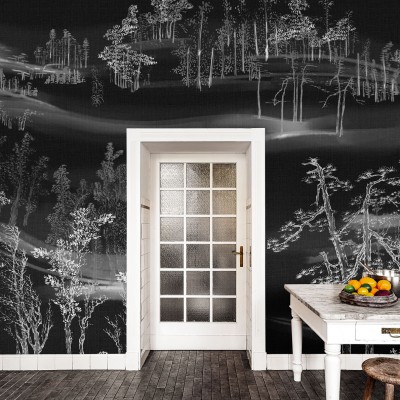 Tapet cu design oriental, reprezentând copaci stilizați în alb pe fundal negru, creând o atmosferă relaxantă și elegantă.