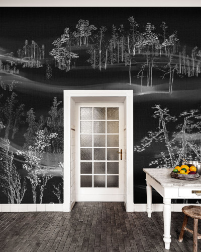 Tapet cu design oriental, reprezentând copaci stilizați în alb pe fundal negru, creând o atmosferă relaxantă și elegantă.