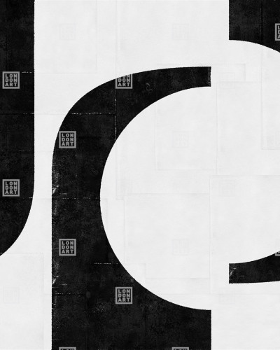 Tapet abstract alb-negru cu design geometric inspirat de arta urbană.