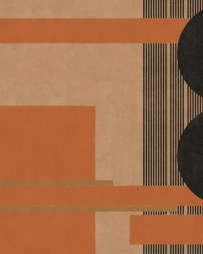 Tapet cu design geometric minimalist, cu benzi verticale negre și gri pe un fundal maro deschis.