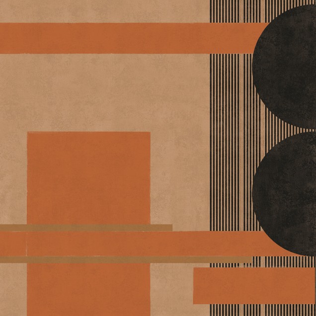 Tapet cu design geometric minimalist, cu benzi verticale negre și gri pe un fundal maro deschis.